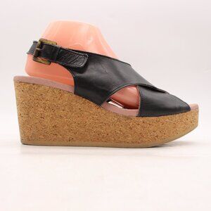 Worishofer Women's 41 Black Leather Cork Wedge Sandals German Ortho Comfort Shoe